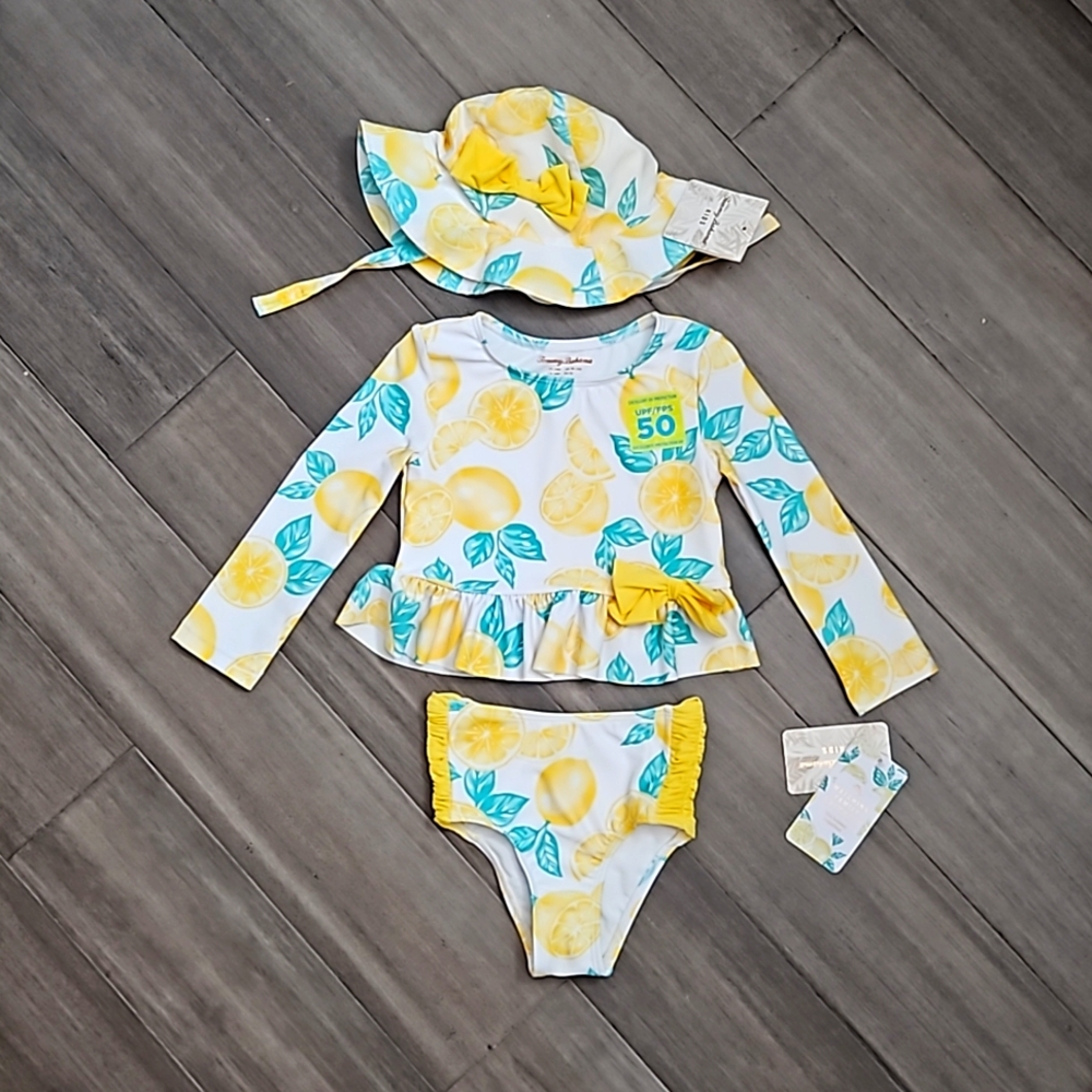 Tommy Bahama Infant Girls 18-24m Lemon Long Sleeve 2-piece Swimsuit With Sun Hat